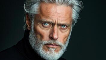 Portrait of an older man with striking features. An older man with white hair and a beard gazes intensely, showcasing his distinct facial characteristics and emotions. photo