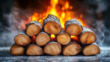 Cozy stack of firewood glowing by the flames. Logs neatly arranged in front of a roaring fireplace, creating a warm ambiance perfect for chilly evenings. photo