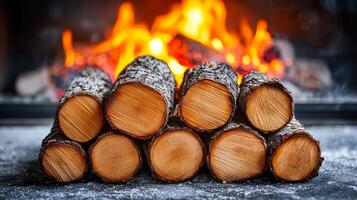 Cozy log stack in front of crackling fire. Stacked logs sit near a warm, glowing fire, creating a inviting atmosphere for relaxation and warmth. photo