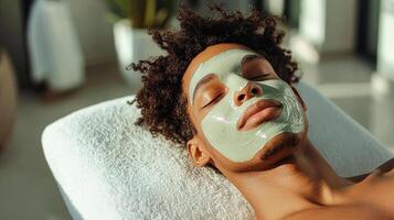 Relaxation and self-care during a facial treatment. A person enjoys a soothing facial treatment with a green mask, immersed in relaxation at a serene spa setting. photo