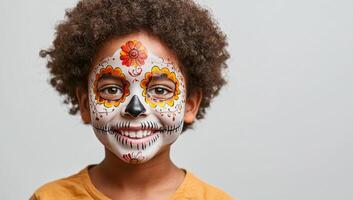 Child with colorful sugar skull face paint smiling. This child is joyfully showcasing intricate sugar skull face paint during a celebration. photo
