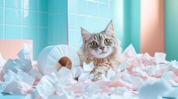 Cat plays in bright, torn paper. A playful cat explores a vibrant space filled with torn paper, creating a whimsical and messy atmosphere. photo
