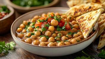 Delicious chickpea stew with warm flatbread served. Rich chickpea stew topped with fresh tomatoes and herbs, accompanied by warm flatbread, ready to enjoy. photo
