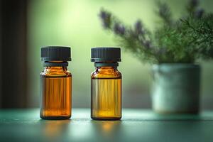 Essential oils in amber bottles on wooden table. Two amber bottles containing essential oils sit side by side on a rustic wooden table near a small plant. photo
