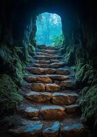 Exploring stone steps in a mossy cave at dawn. Stone steps lead through a dim cave, illuminated by soft blue light filtering into the forest at dawn. photo
