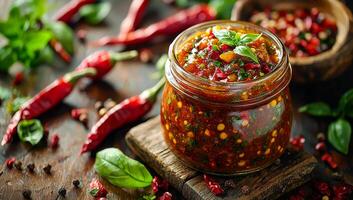 Salsa with herbs on a wooden table. Colorful salsa made with fresh herbs and spices rests in a jar, surrounded by chilies and aromatic ingredients. photo