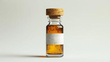 Amber liquid in elegant glass vial. A small glass vial with a cork stopper holds a rich amber liquid, highlighted against a soft background. photo