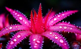 Bright pink plant with dew drops under soft light. A vibrant pink plant displays droplets of water, showcasing its unique texture in a soft-light environment. photo