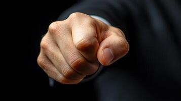 Hand pointing toward the camera in a dark setting. A close-up of a hand pointing, set against a dark backdrop, conveying strong emotion or emphasis in the moment. photo