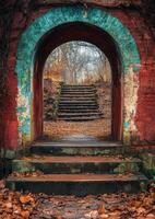 Archway leading to steps in a wooded area. An archway frames a staircase in a lush forest during autumn, surrounded by fallen leaves and a serene atmosphere. photo