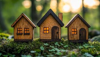 Wooden houses illuminated in a forest setting. Three wooden toy houses glow warmly amidst lush greenery, capturing the essence of a magical forest atmosphere. photo