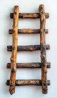 Rustic wooden ladder displayed against a wall. A handcrafted wooden ladder on the wall highlights its unique design and natural texture for decoration. photo