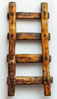 Wooden ladder display with rustic charm on wall. A rustic wooden ladder rests against a white wall, showcasing its unique texture and natural finish. photo