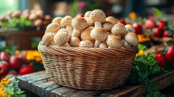 Mushrooms in a rustic basket at market. A beautiful basket of fresh mushrooms rests on a wooden table surrounded by colorful produce at a market. photo