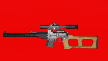 A gun with a scope on it against a red background photo