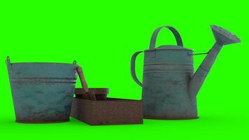 garden equipment set with green background photo