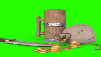 golden coin and wine mug with green background photo