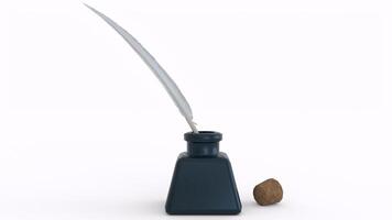 ink bottle with feather and cork with white background photo