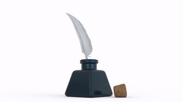 ink bottle with feather and cork with white background photo