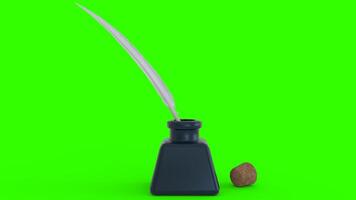 ink bottle with feather and cork with green background photo