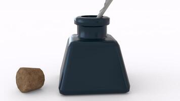 ink bottle with feather and cork with white background photo