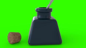 ink bottle with feather and cork with green background photo