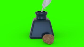 ink bottle with feather and cork with green background photo