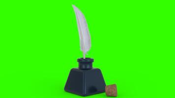 ink bottle with feather and cork with green background photo