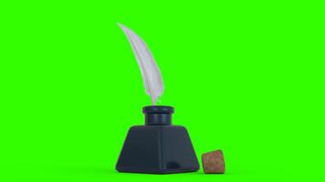 ink bottle with feather and cork with green background photo