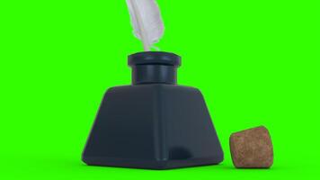 ink bottle with feather and cork with green background photo