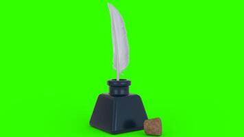 ink bottle with feather and cork with green background photo
