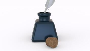 ink bottle with feather and cork with white background photo