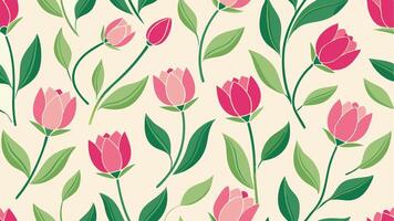 a pattern with pink tulips and green leaves vector