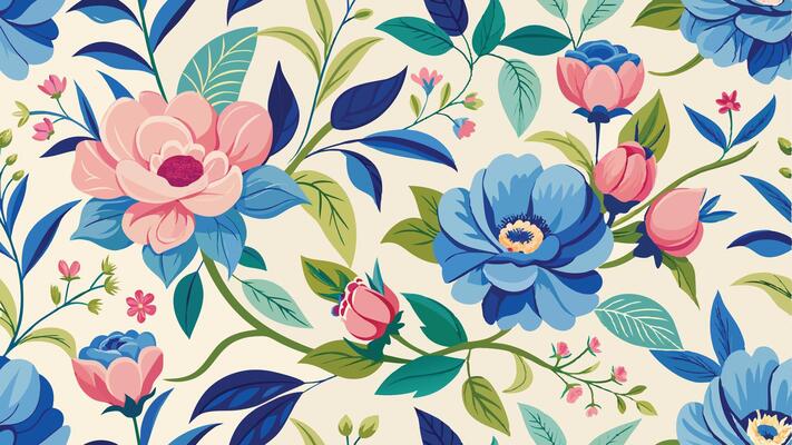 a floral pattern with blue and pink flowers