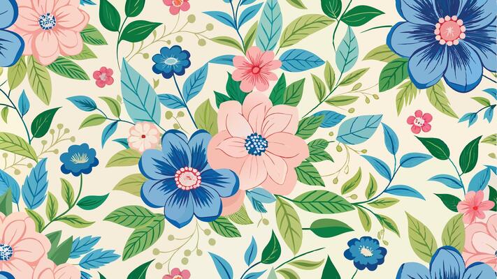 a floral pattern with blue, pink and green flowers