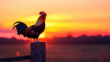Rooster crowing at sunrise on a fence post in the countryside photo