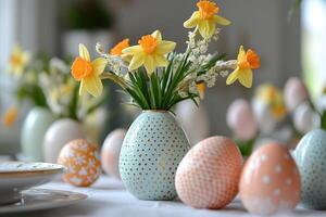 Easter table setting with daffodils in egg-shaped vase photo