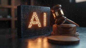 Judge gavel near illuminated ai sign representing artificial intelligence law and regulations photo