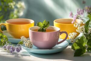 Herbal tea with fresh mint leaves enjoying sunlight on table photo