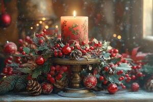 Burning christmas candle surrounded by holly berries and pine cones creating festive atmosphere photo