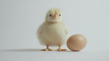 Newborn chick standing next to an egg on white background photo