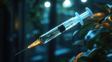 Syringe containing transparent liquid floating near green plant photo