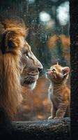 Majestic lion meeting tiny kitten through glass in zoo photo