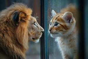 Lion and kitten looking at each other through a rainy window photo