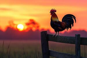 Rooster crowing at sunrise on a fence in a farm photo