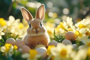 Easter bunny sitting in daffodils with colorful eggs photo