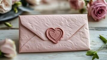 Pink envelope sealed with red heart representing love and affection on marble background photo