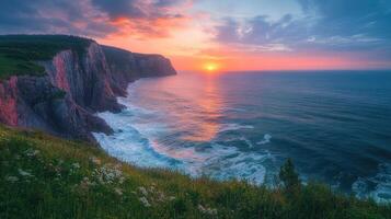 Sunrise illuminating rugged cliffs and atlantic ocean on cape breton island, nova scotia, canada photo