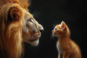 Majestic lion and adorable kitten sharing a moment of connection photo