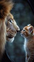 Majestic lion and adorable kitten sharing a tender moment of connection photo